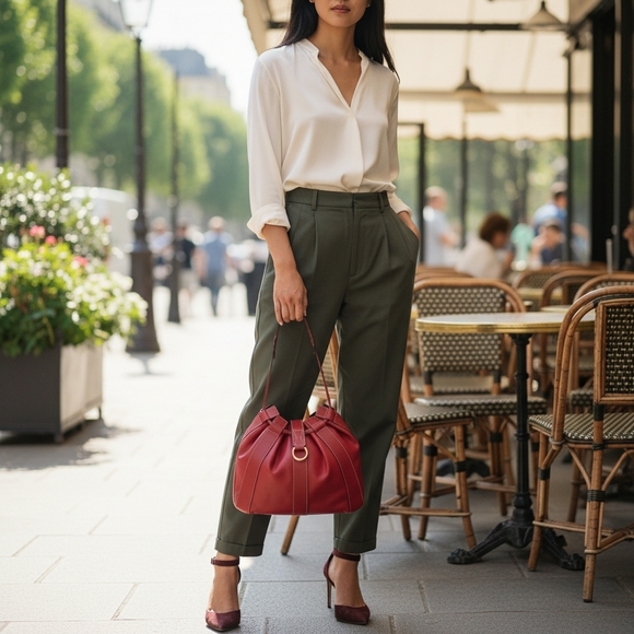 Lancel Paris Deep Red Leather Drawstring Bucket Bag Shoulder Purse Elsa Sellier - Picture 4 of 14